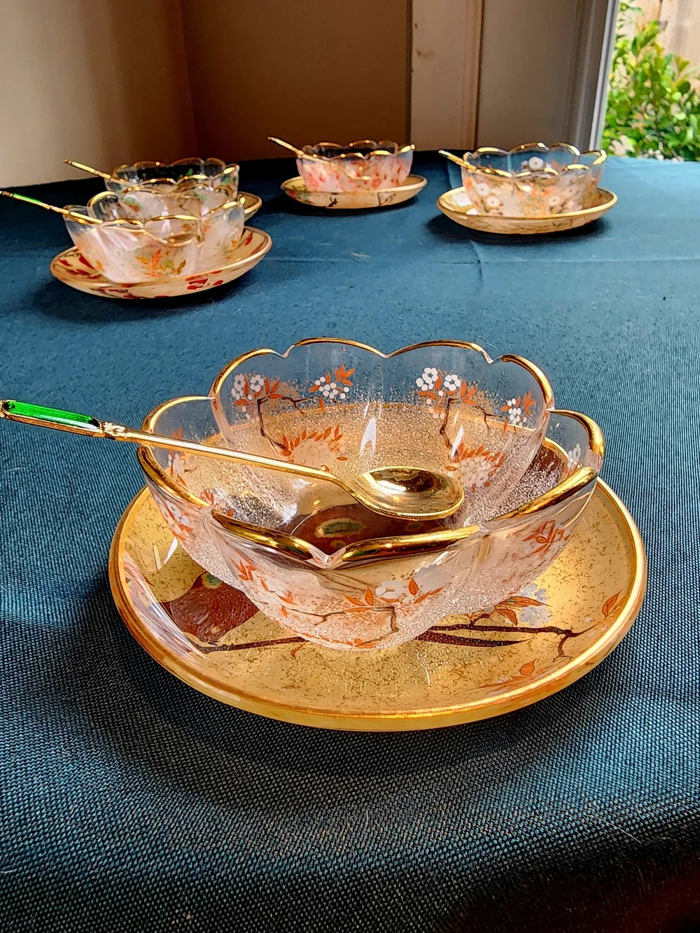 Japanese Gold Floral Glass Cup and Saucer Set with Gold Colored Spoons
